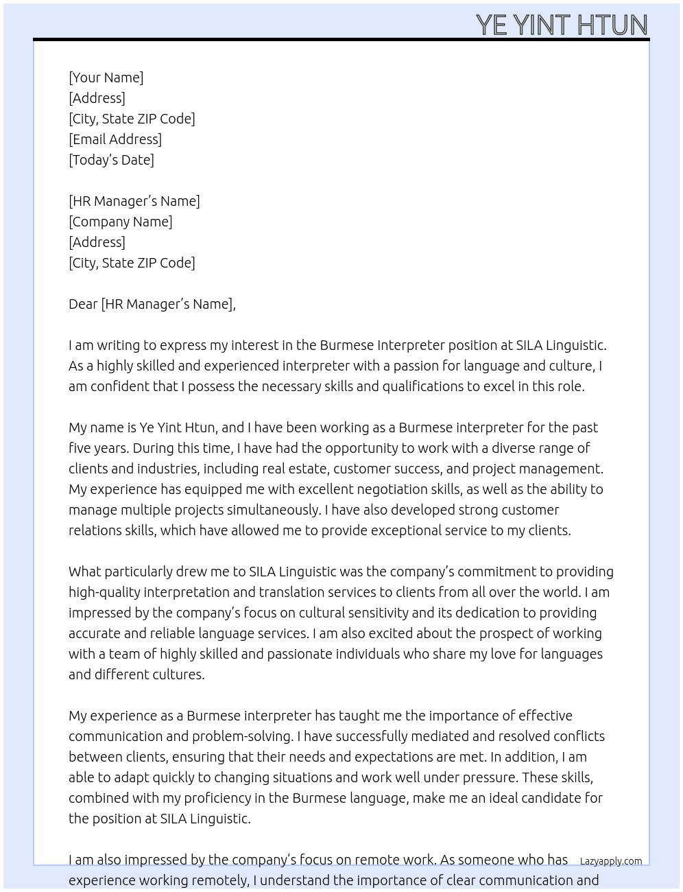 Burmese interpreter  At SILA linguistic  Cover Letter