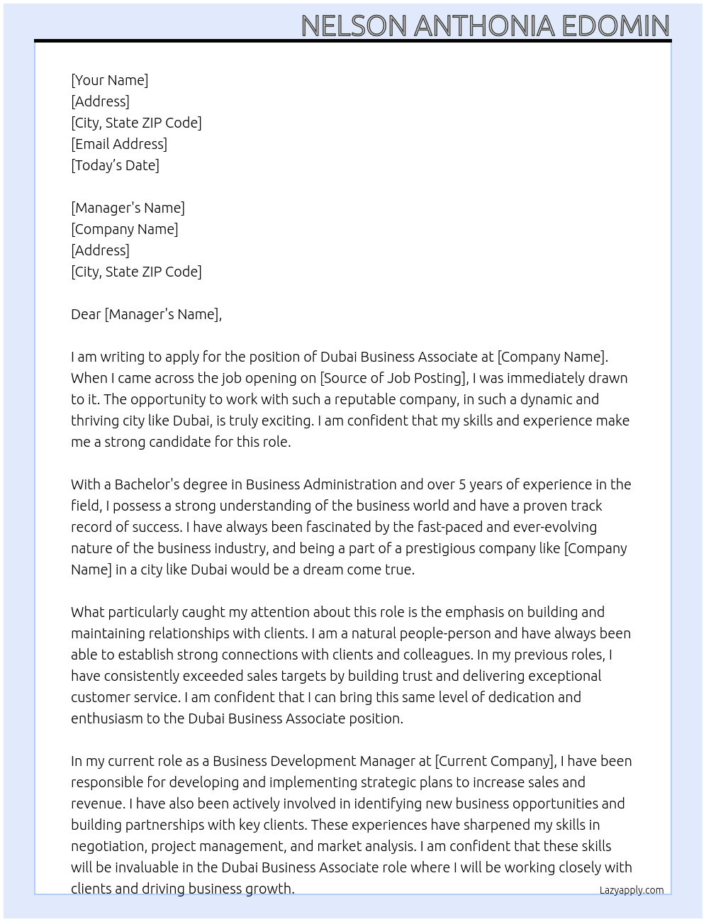 Dubai business associate At Dubai business associate  Cover Letter