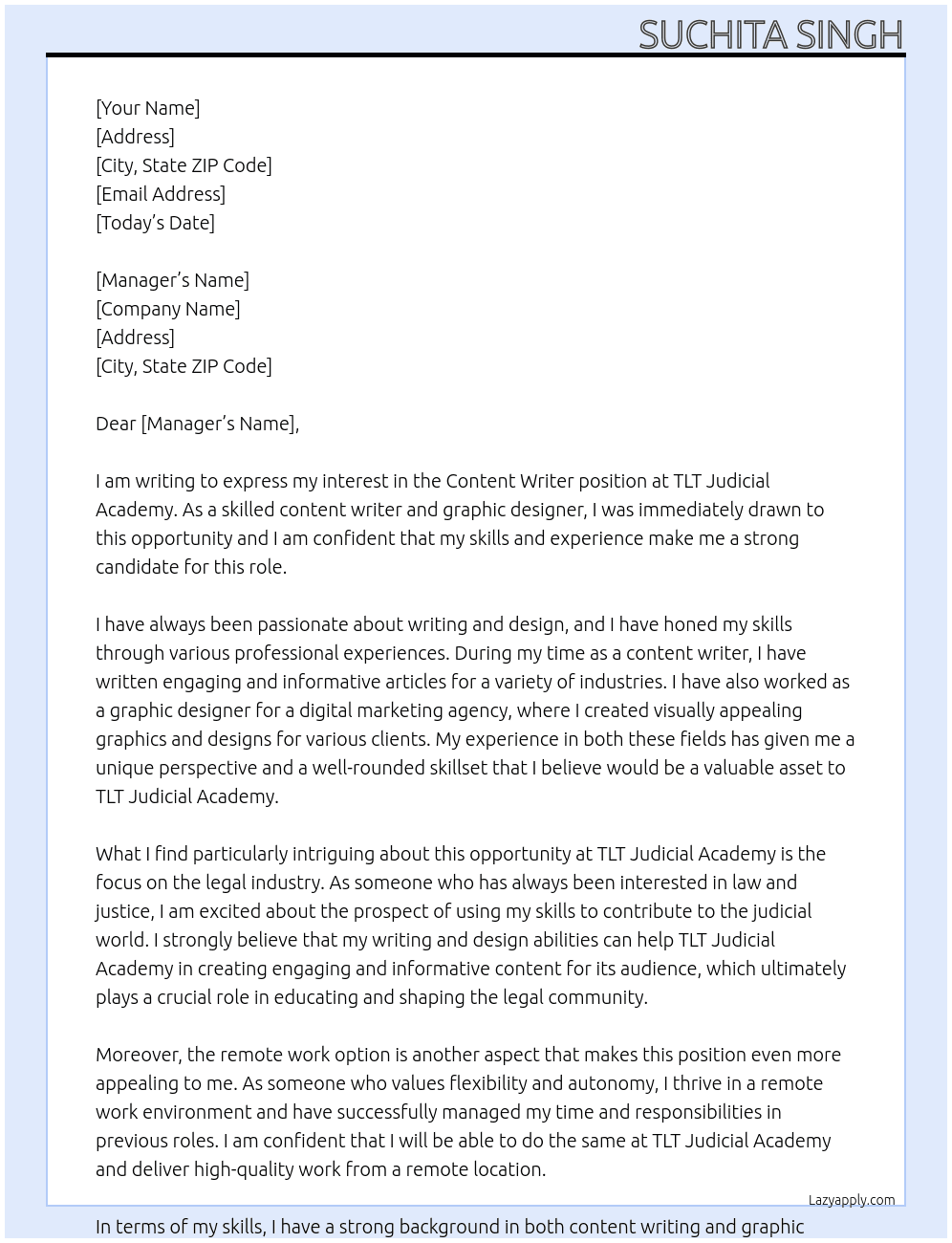 Content writer for judicial academy At TLT Judicial Academy Cover Letter