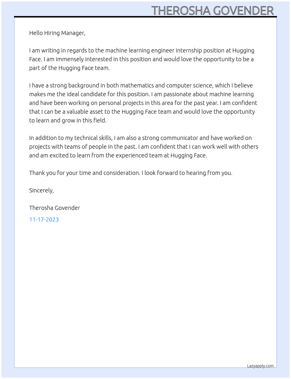 machine learning engineer internship At Hugging Face Cover Letter