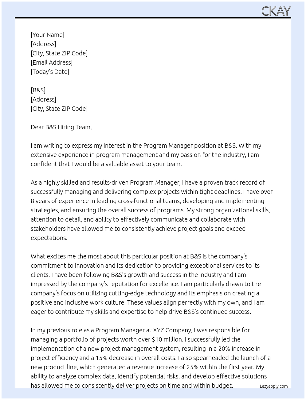 Program Manager At B&S Cover Letter