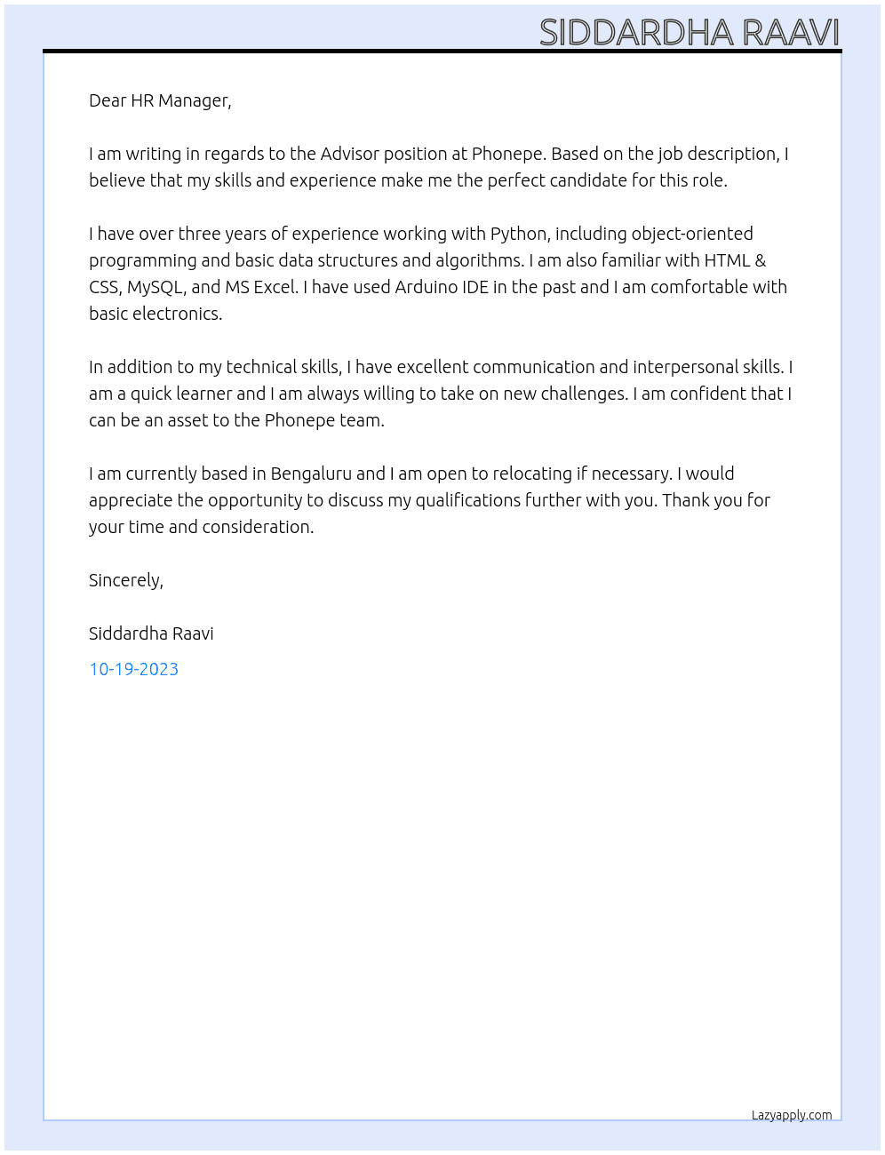 Advisor At phonepe Cover Letter