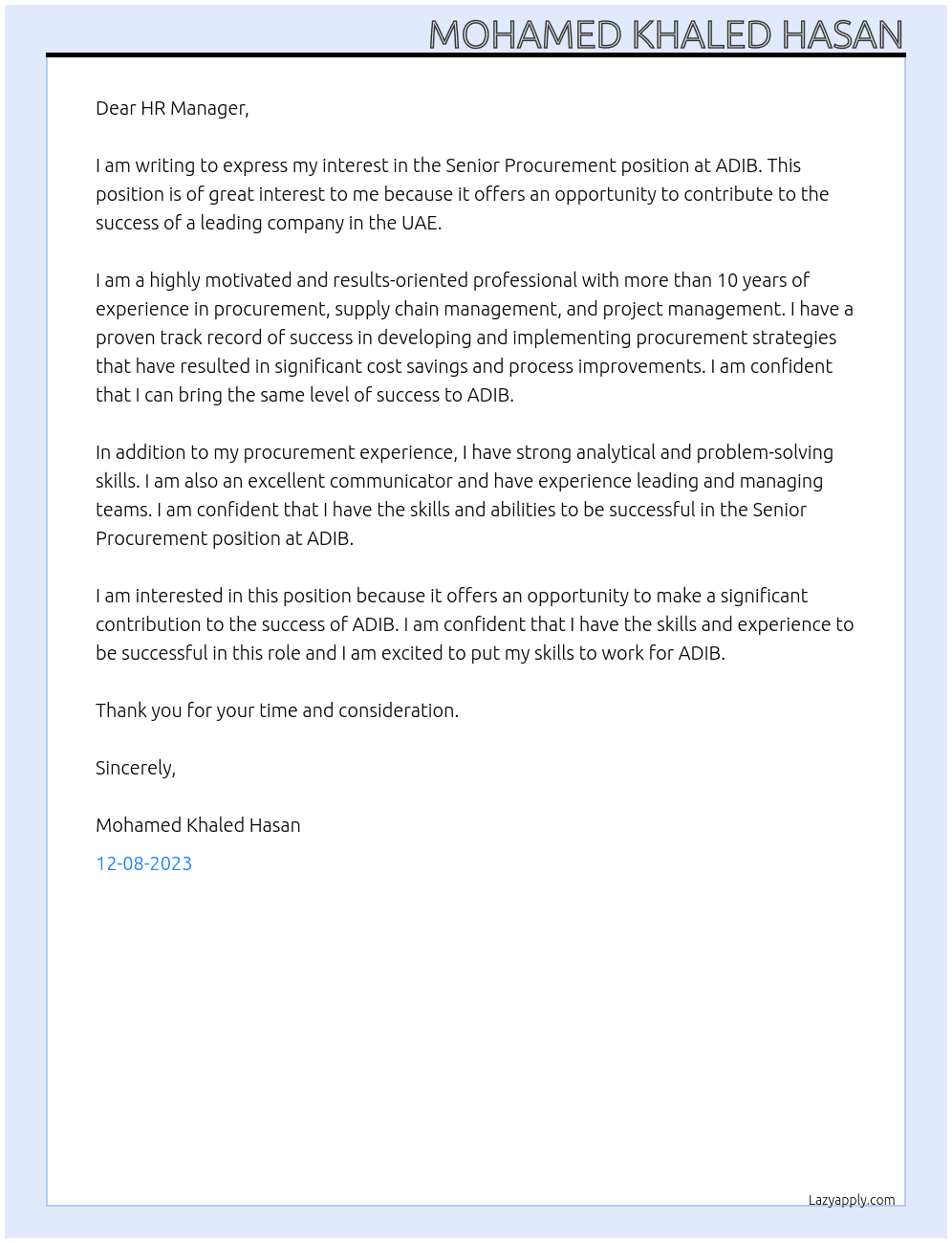 Senior procurement  At ADIB Cover Letter