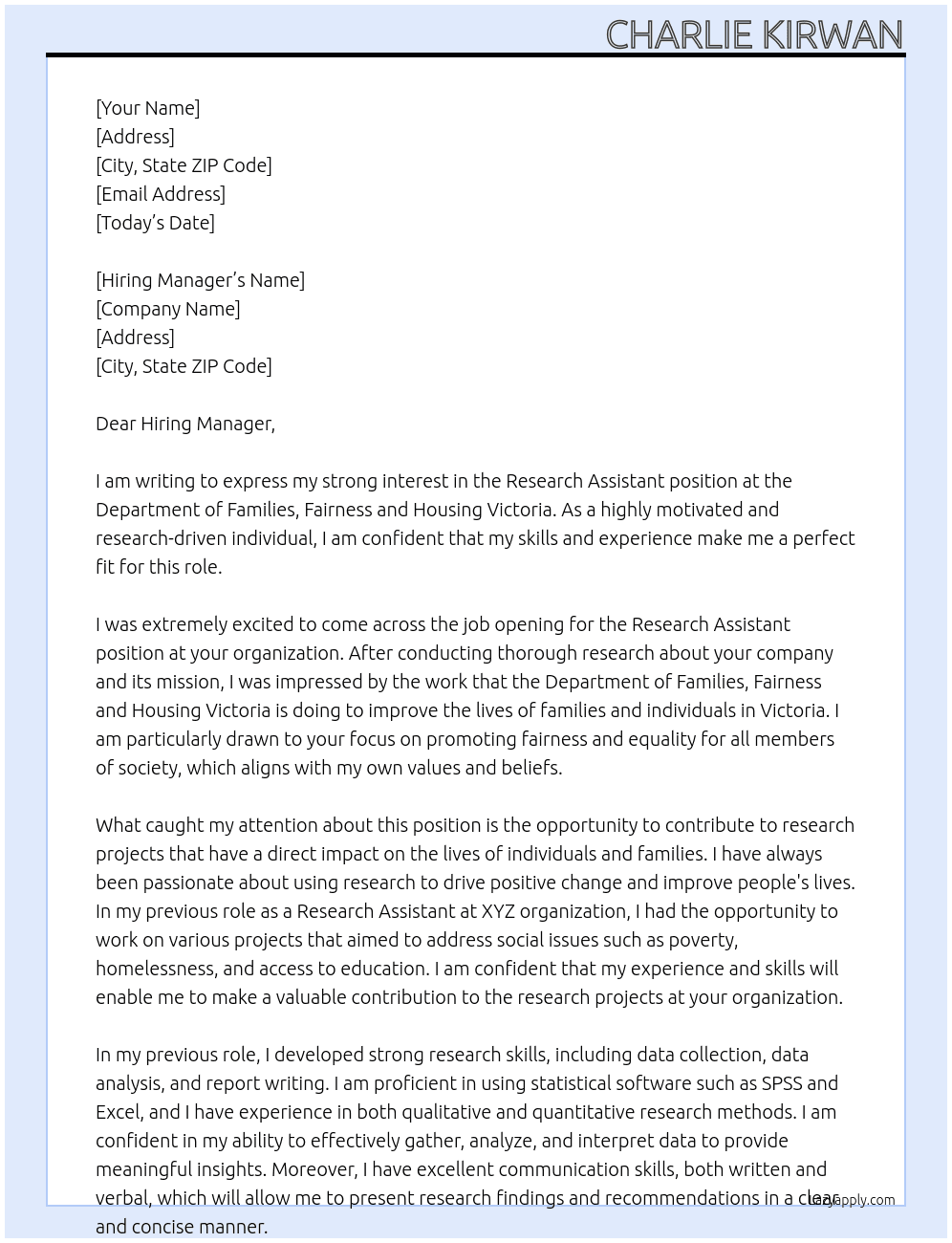 Research Assistantt At Department of Families, Fairness and Housing Victoria Cover Letter
