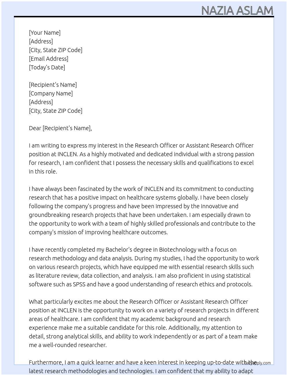 research officer or assistant research officer. At INCLEN Cover Letter