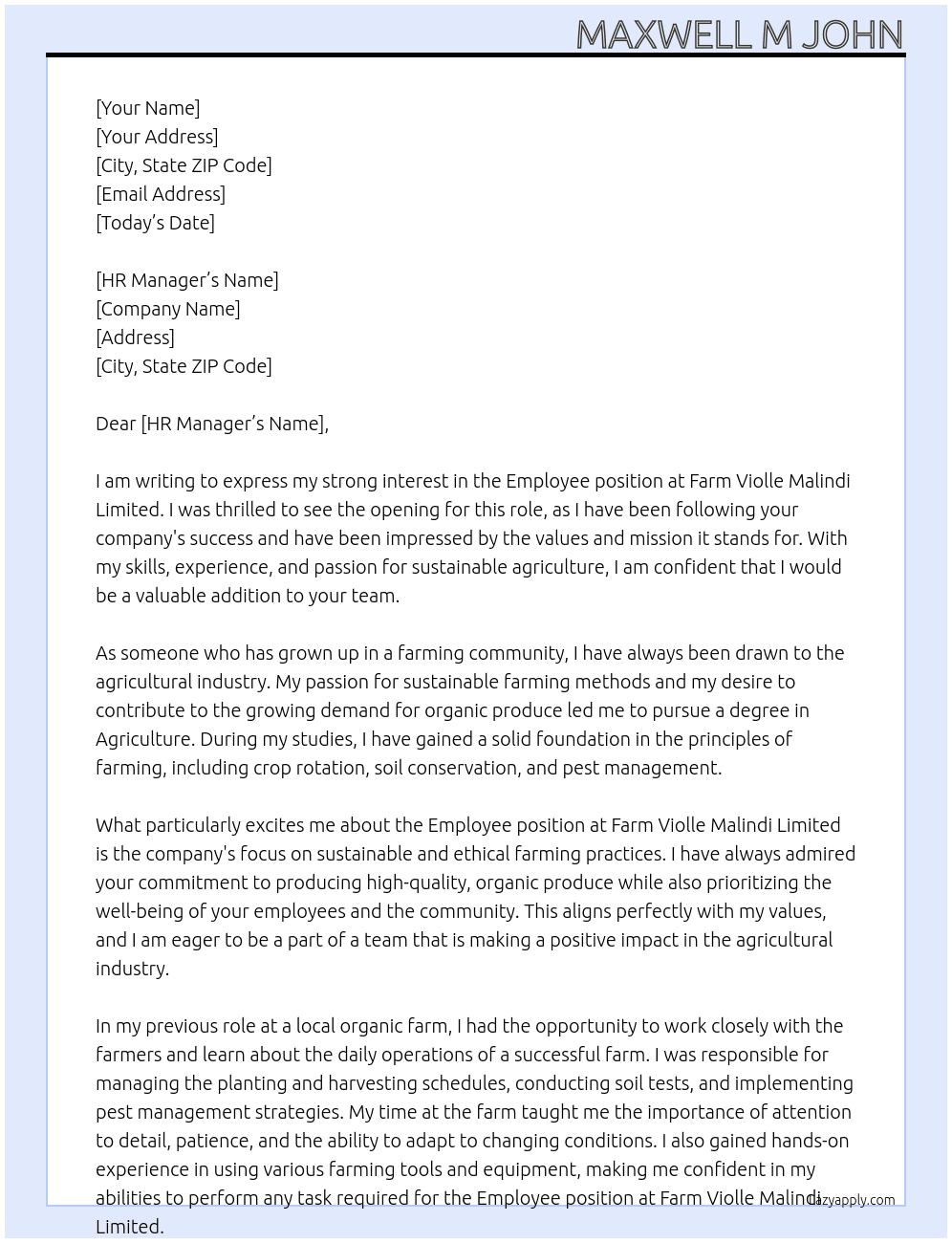 Employee At Farm Violle Malindi Limited Cover Letter