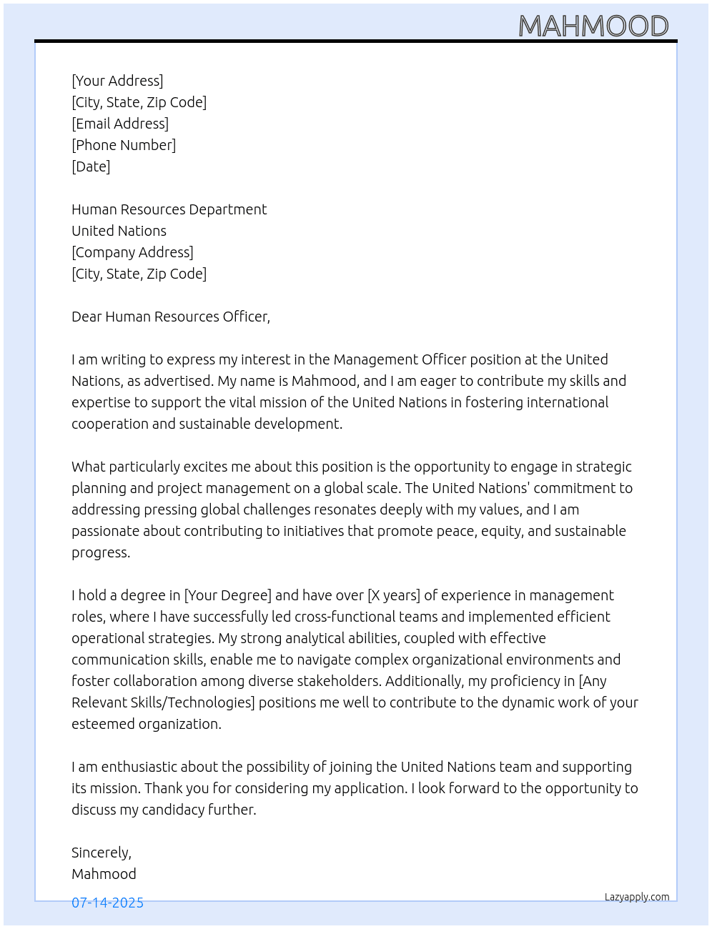 management officer  At United Nations  Cover Letter