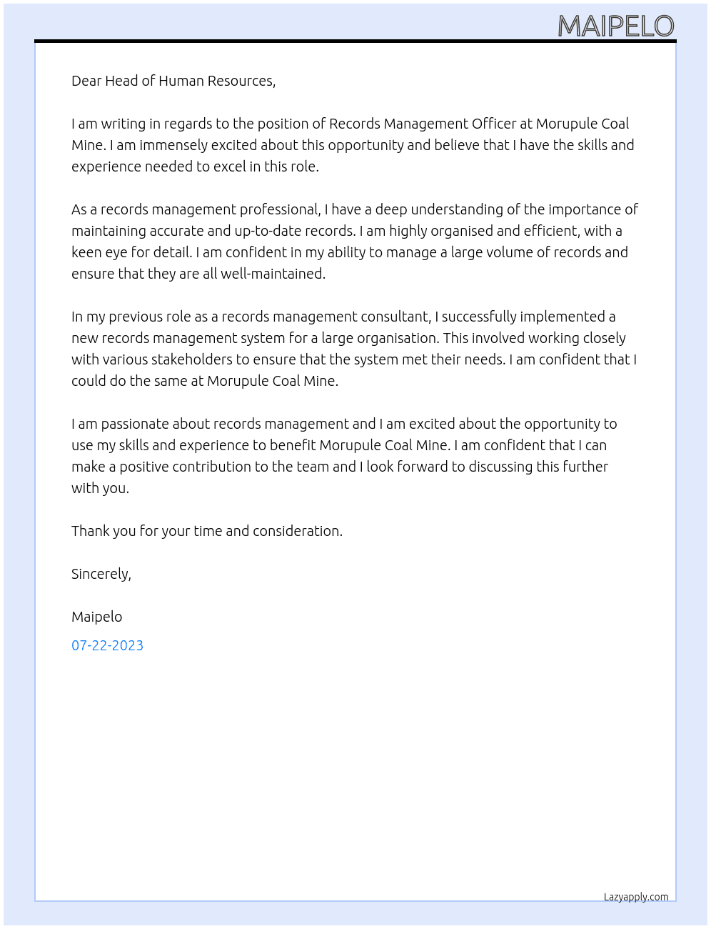 RECORDS MANAGEMENT OFFICER At Morupule Coal Mine Cover Letter