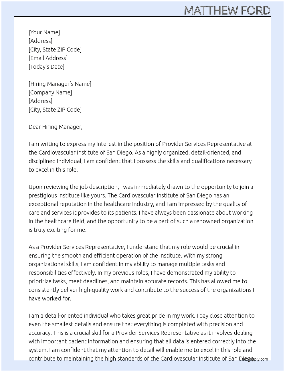 Provider Services Representative At Cardiovascular Institute of San Diego Cover Letter