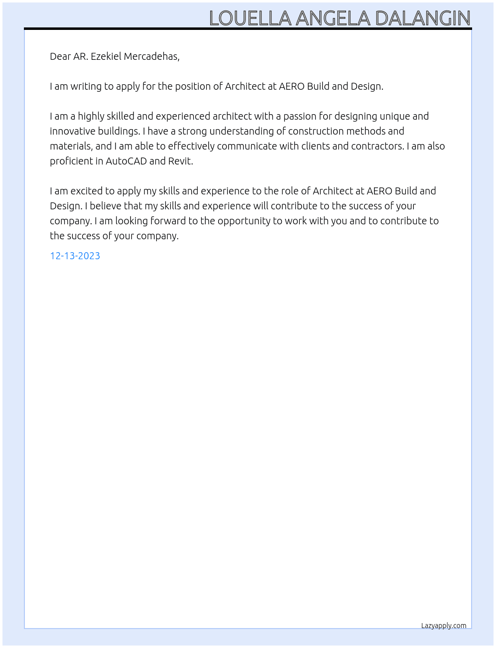 Architect At AERO Build and Design  Cover Letter