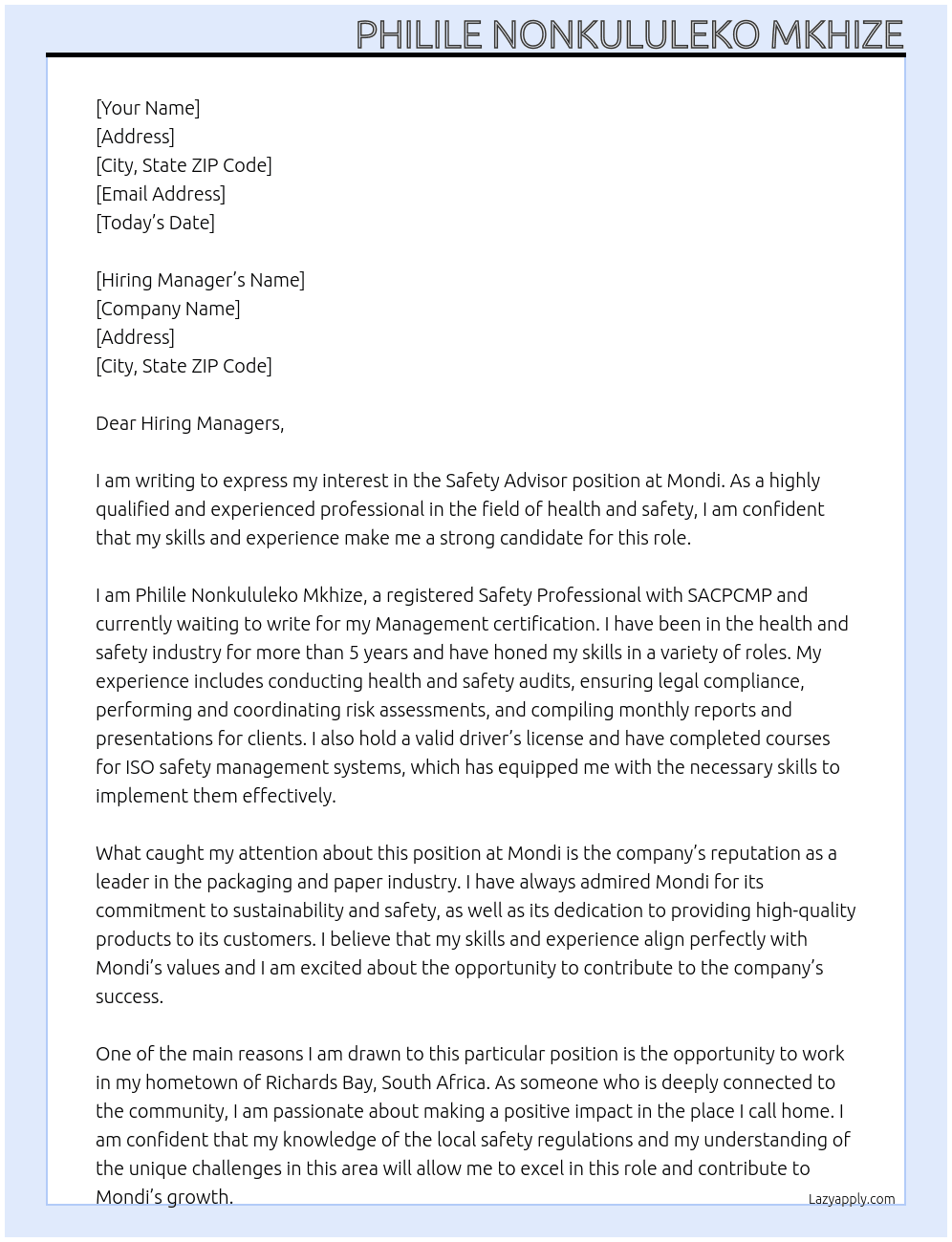 Safety Advisor At Mondi  Cover Letter