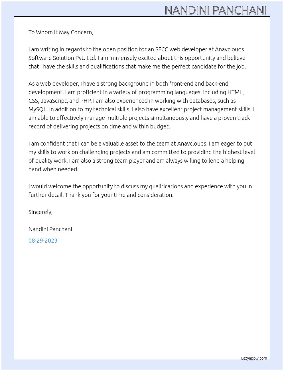 SFCC web developer At Anavclouds Software Solution Pvt. Ltd. Cover Letter