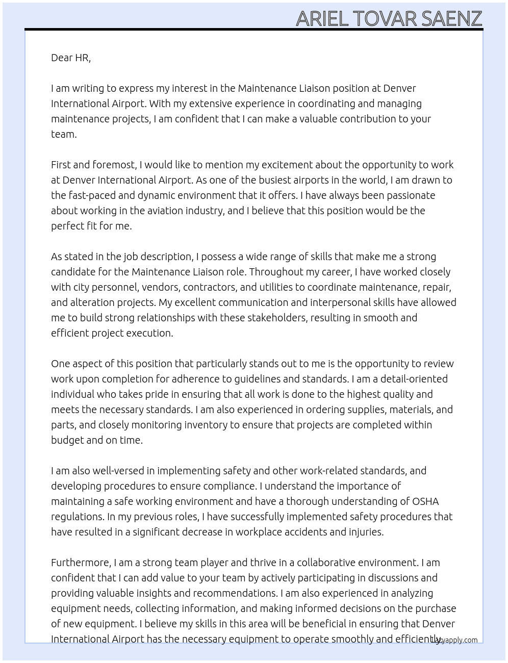 Maintenance Liaison  At Denver international Airport Cover Letter