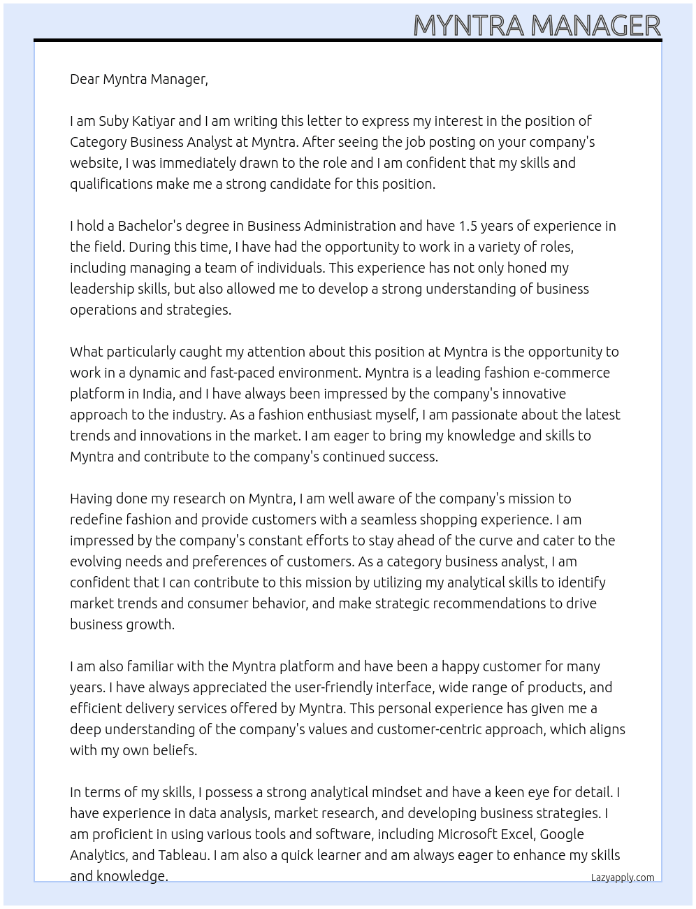Business analyst At Mynta Cover Letter