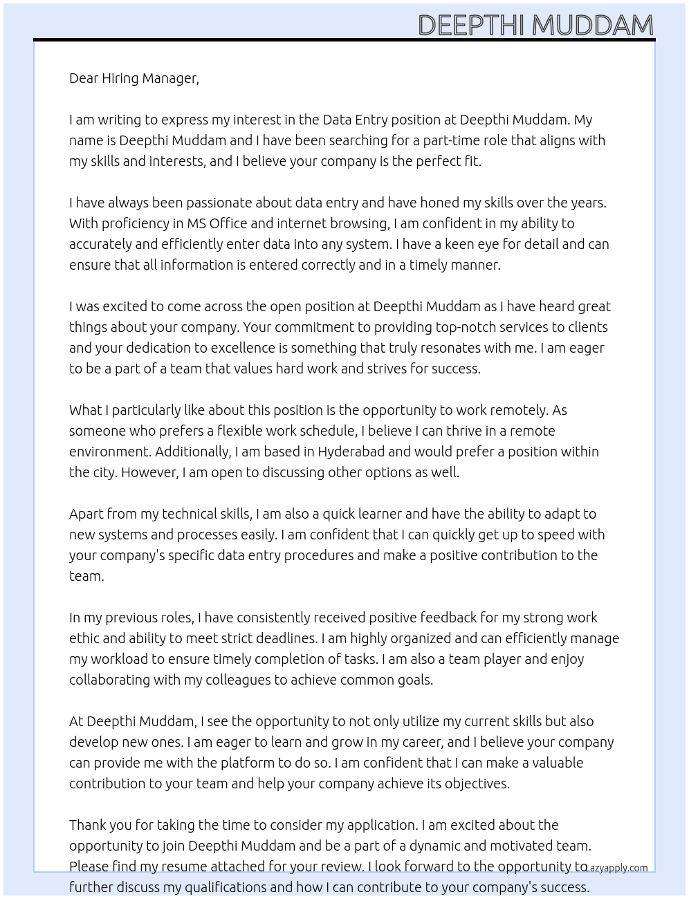 data entry At Deepthi Muddam Cover Letter