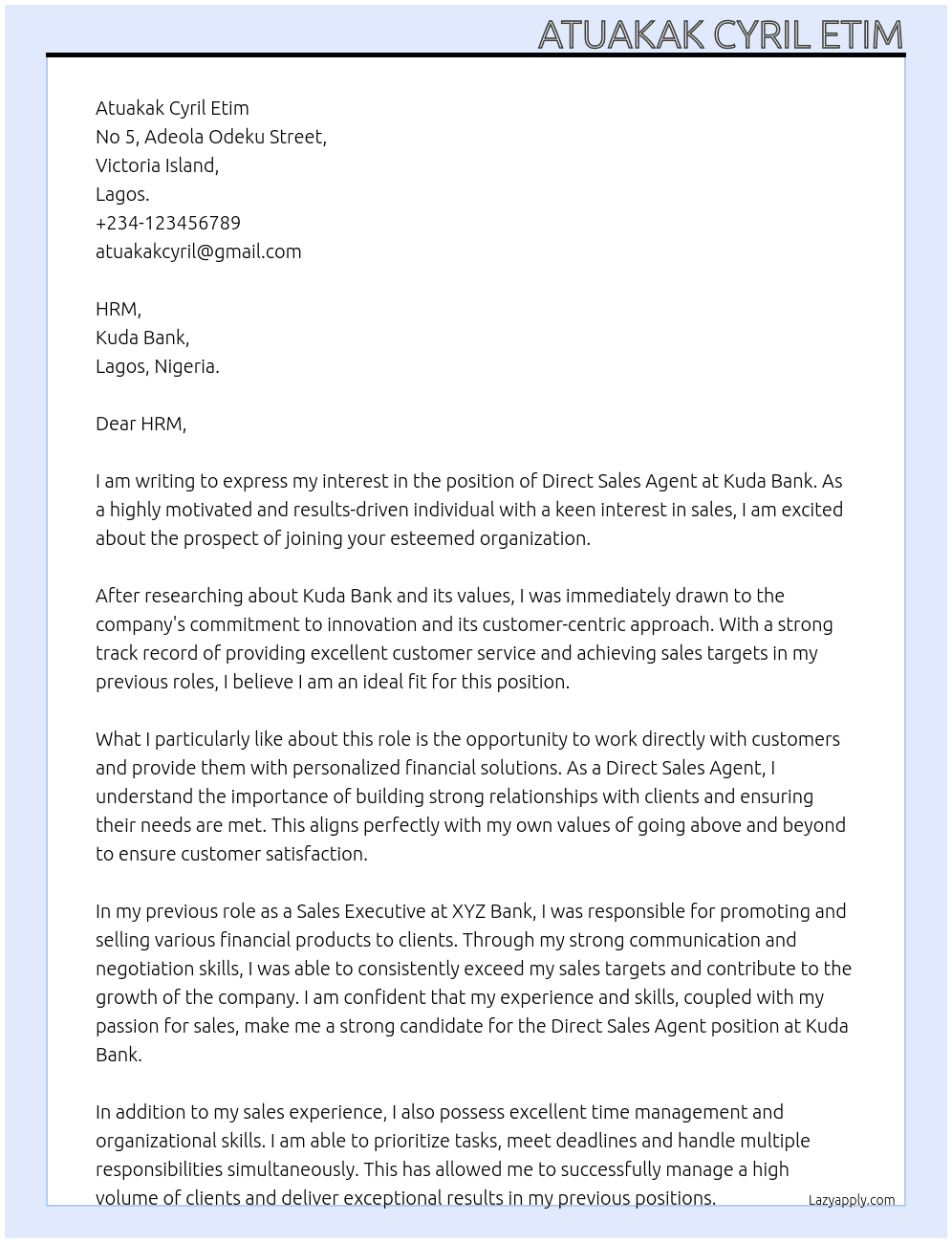 Direct Sales Agent At Kuda Bank Cover Letter