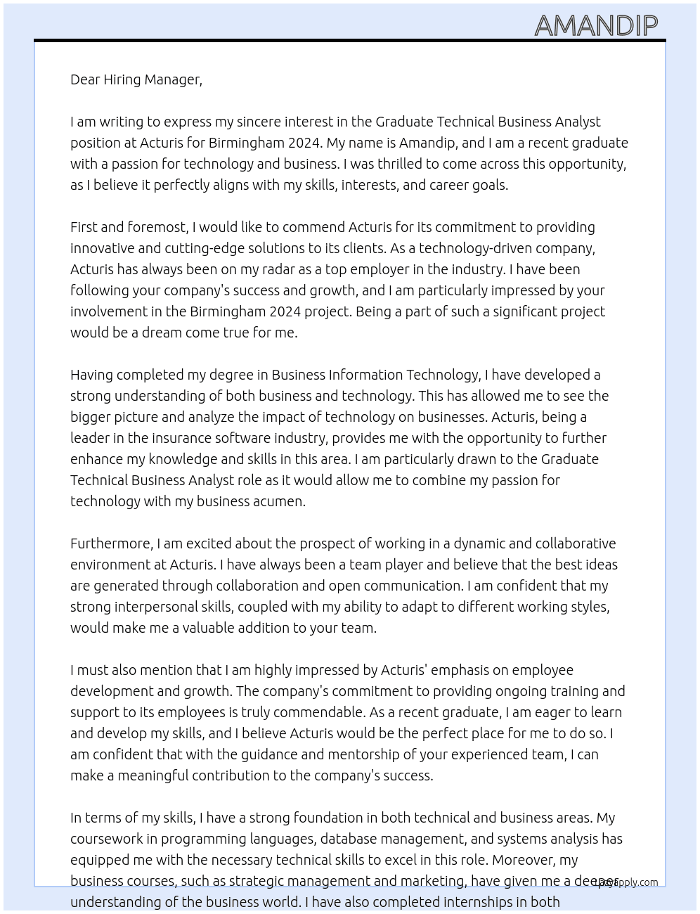 Graduate Technical Business Analyst Birmingham 2024 At Acturis Cover Letter