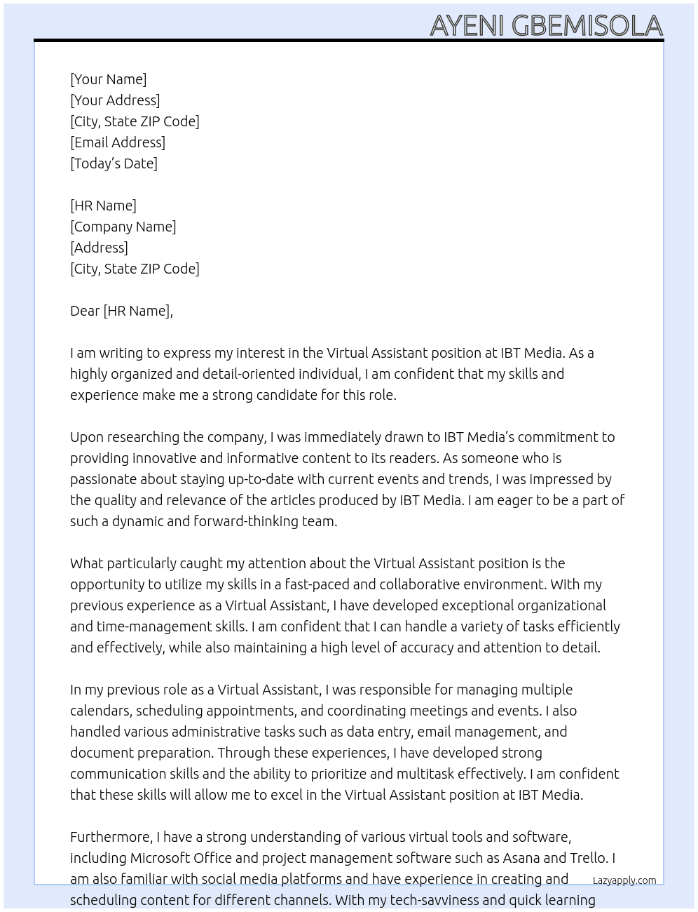 Virtual Assistant At IBT Media Cover Letter