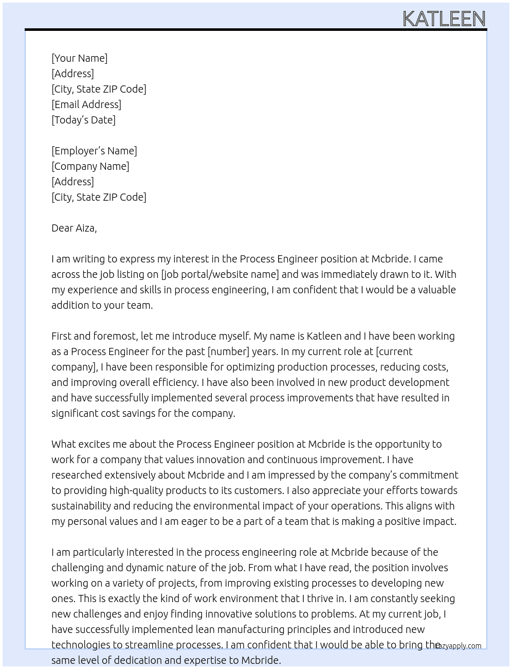 process Engineer At Mcbride Cover Letter