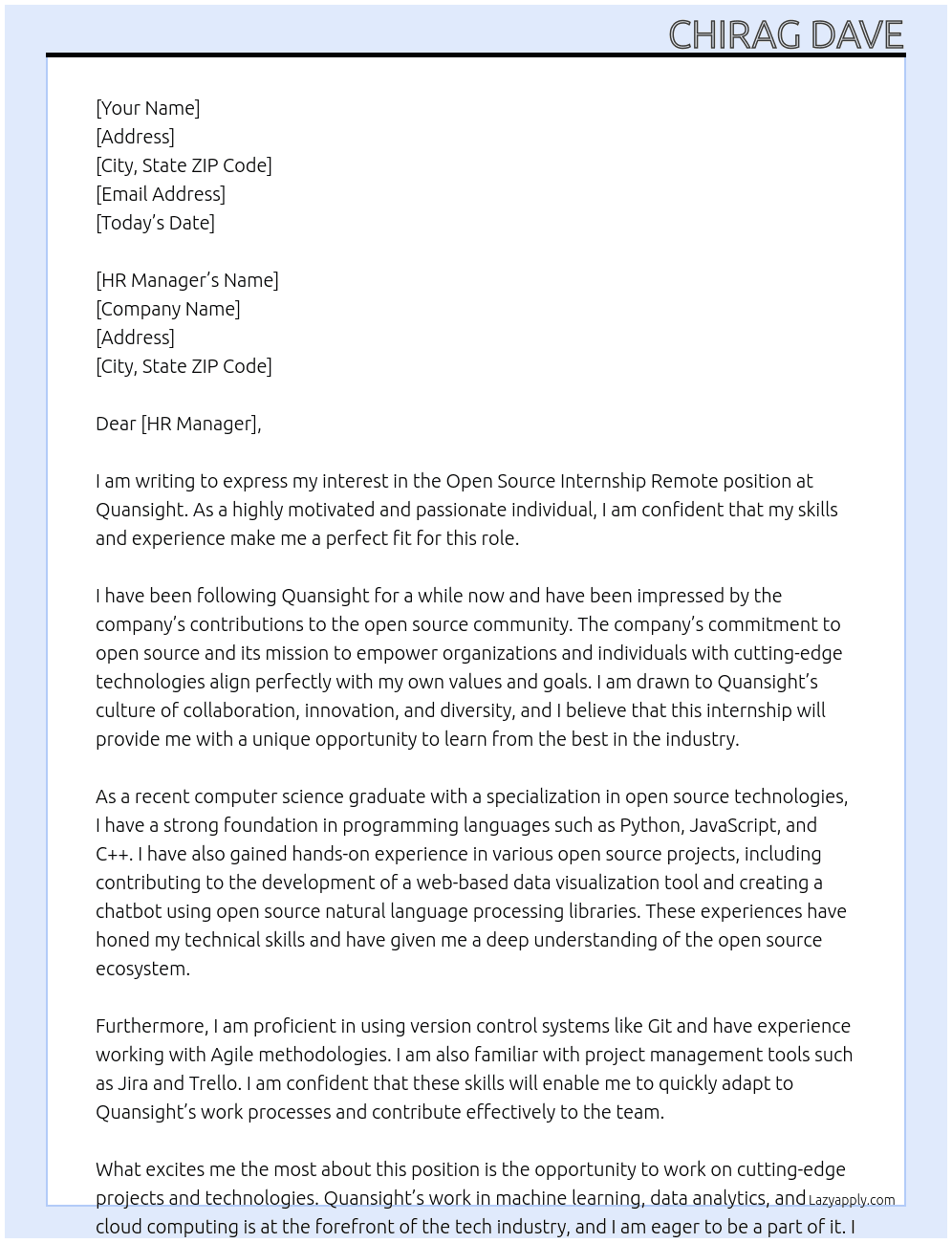 Open Source Internship Remote At Quansight Cover Letter