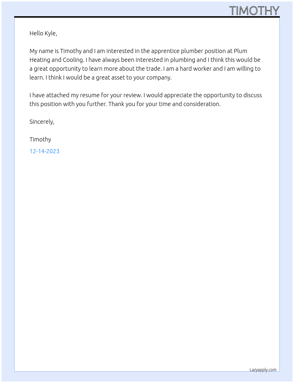 Apprentice Plumber At Plum Heating and Cooling Cover Letter