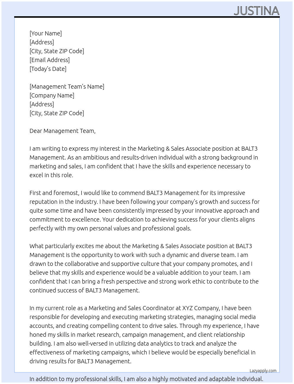 Marketing & Sales Associate At BALT3 Management Cover Letter