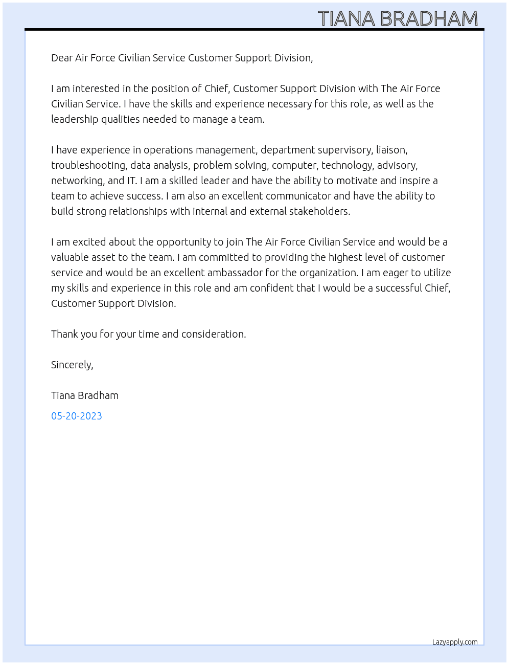 Chief, Customer Support Division At The Air Force Civilian Service Cover Letter
