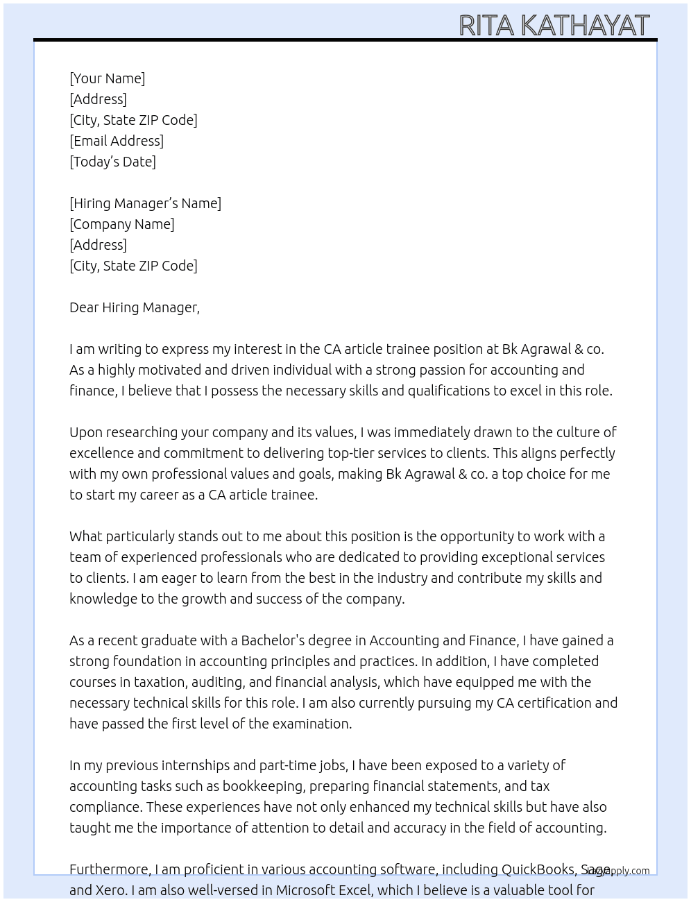 CA article trainee  At Bk Agrawal & co. Cover Letter