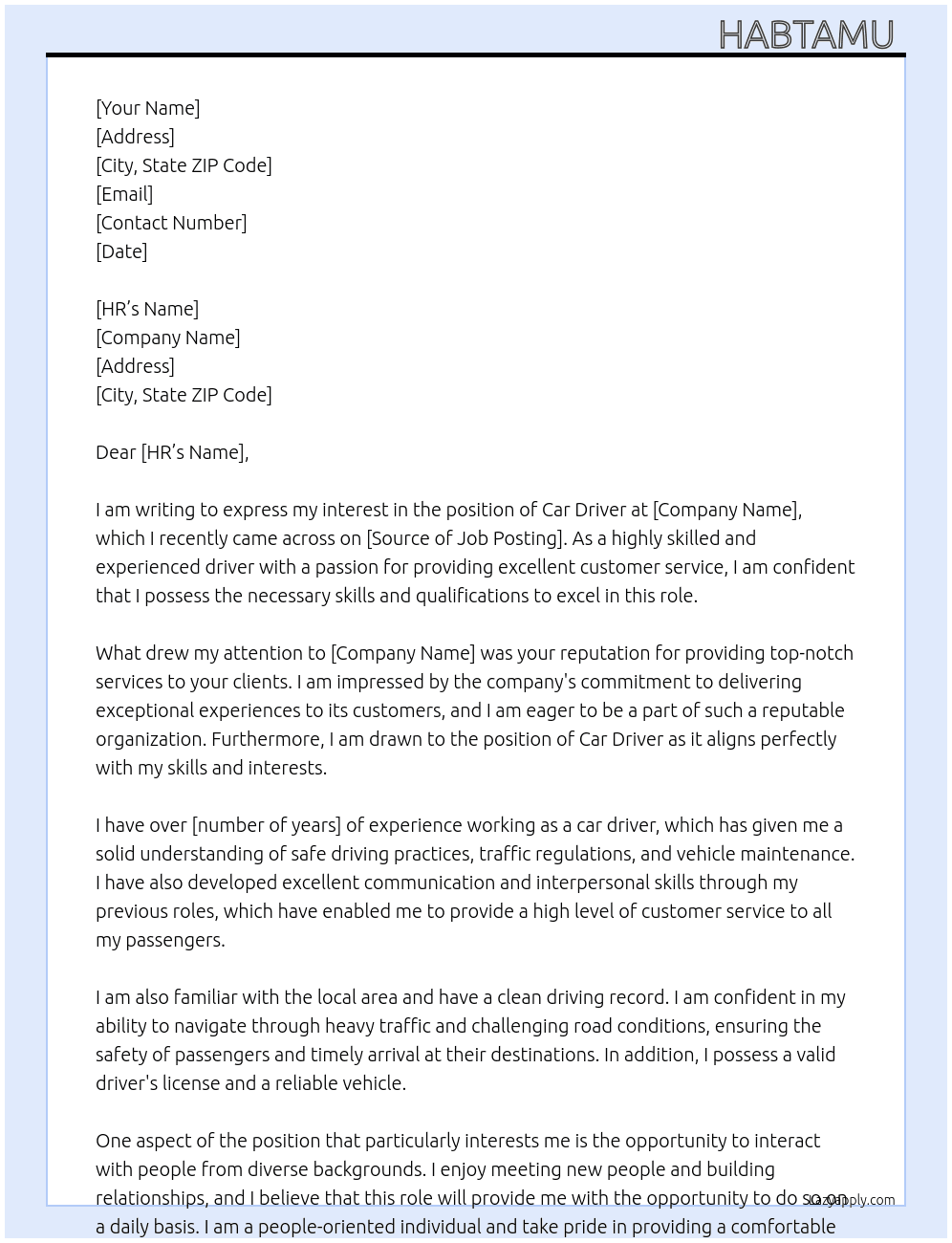 Car driver  At Company  Cover Letter