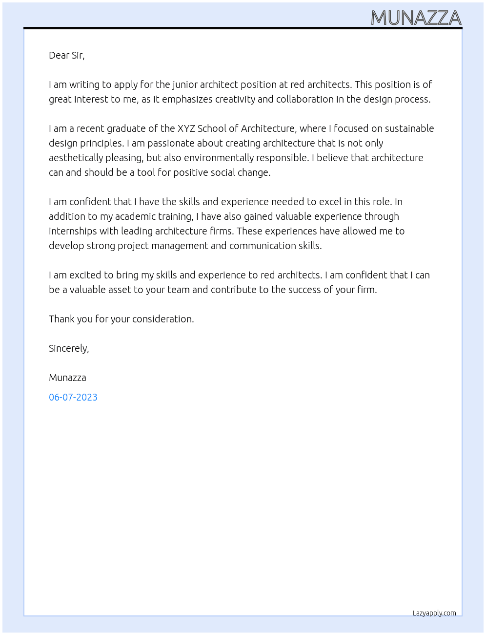 junior architect At red architects  Cover Letter