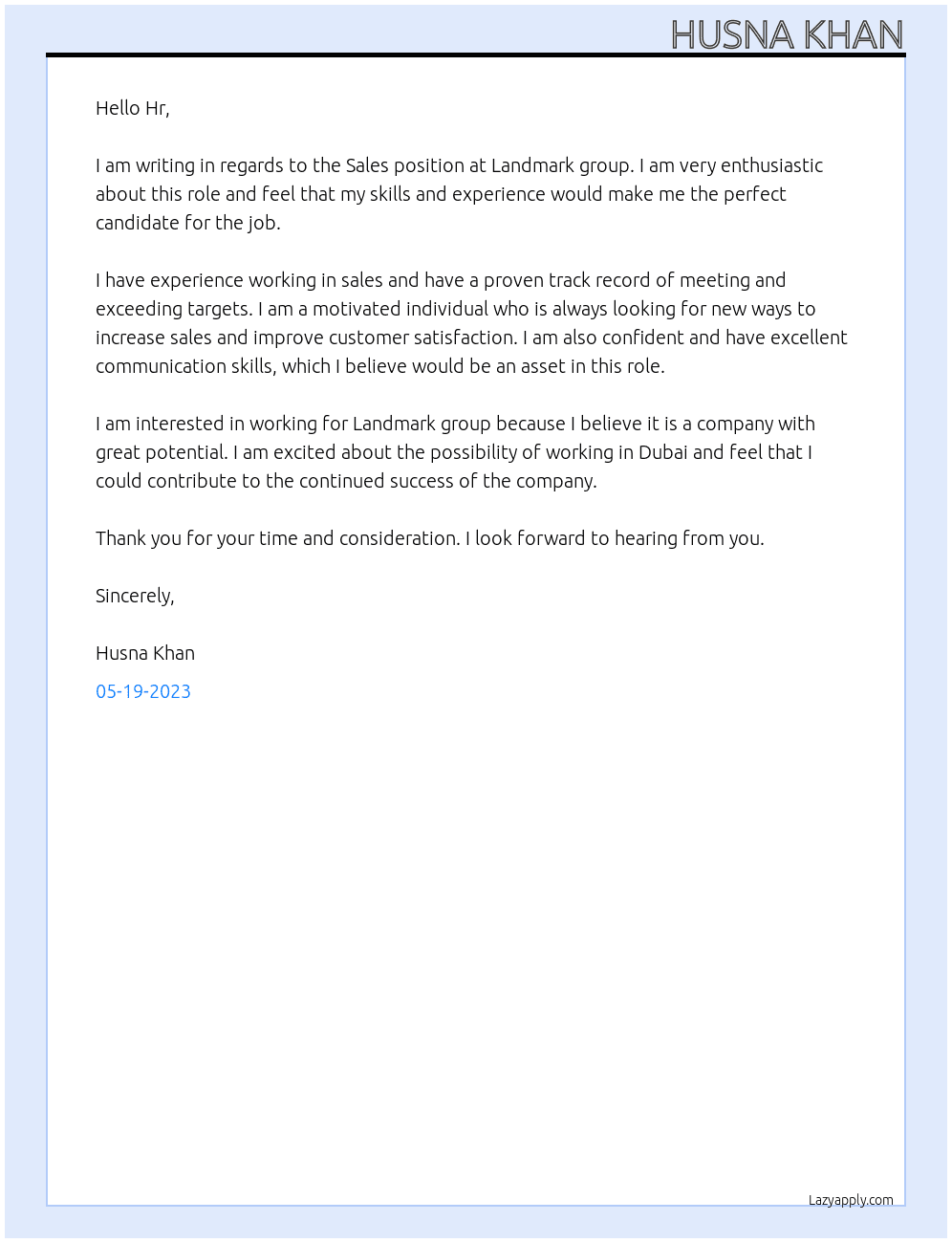 Sales  At Landmark group  Cover Letter