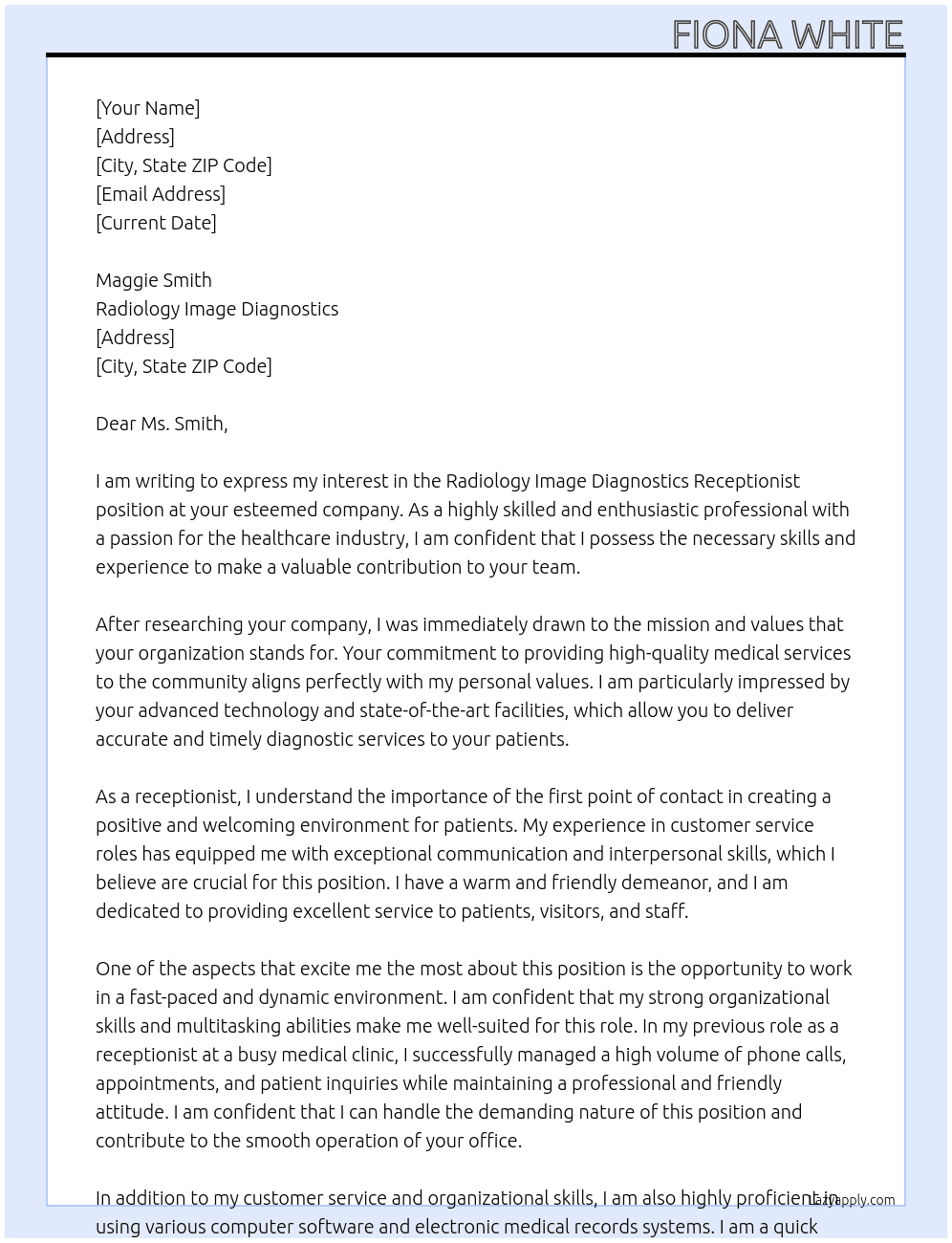 radiology image diagnostics receptionist  At radiology image diagnostics Cover Letter