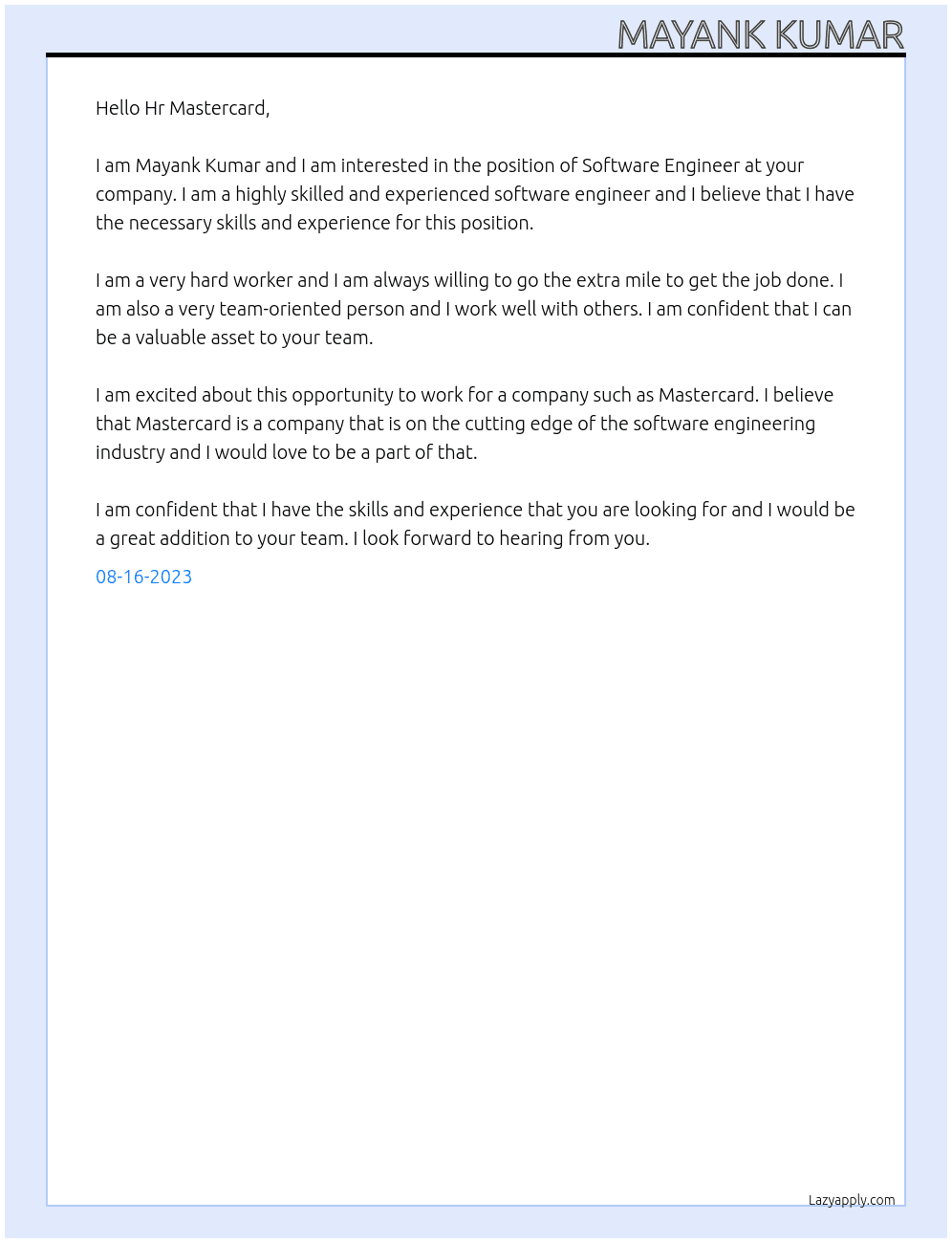 Software Enginner At Mastercard Cover Letter