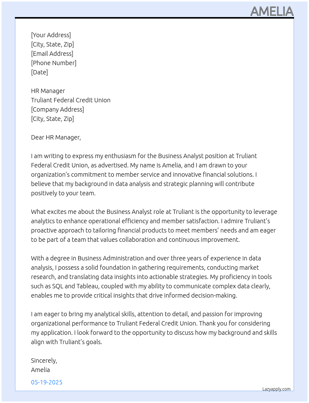 Business Analyst At Truliant Federal Credit Union Cover Letter