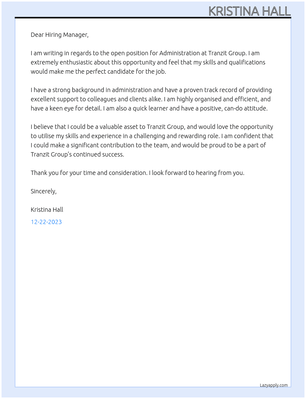 Administration At Tranzit Group Cover Letter