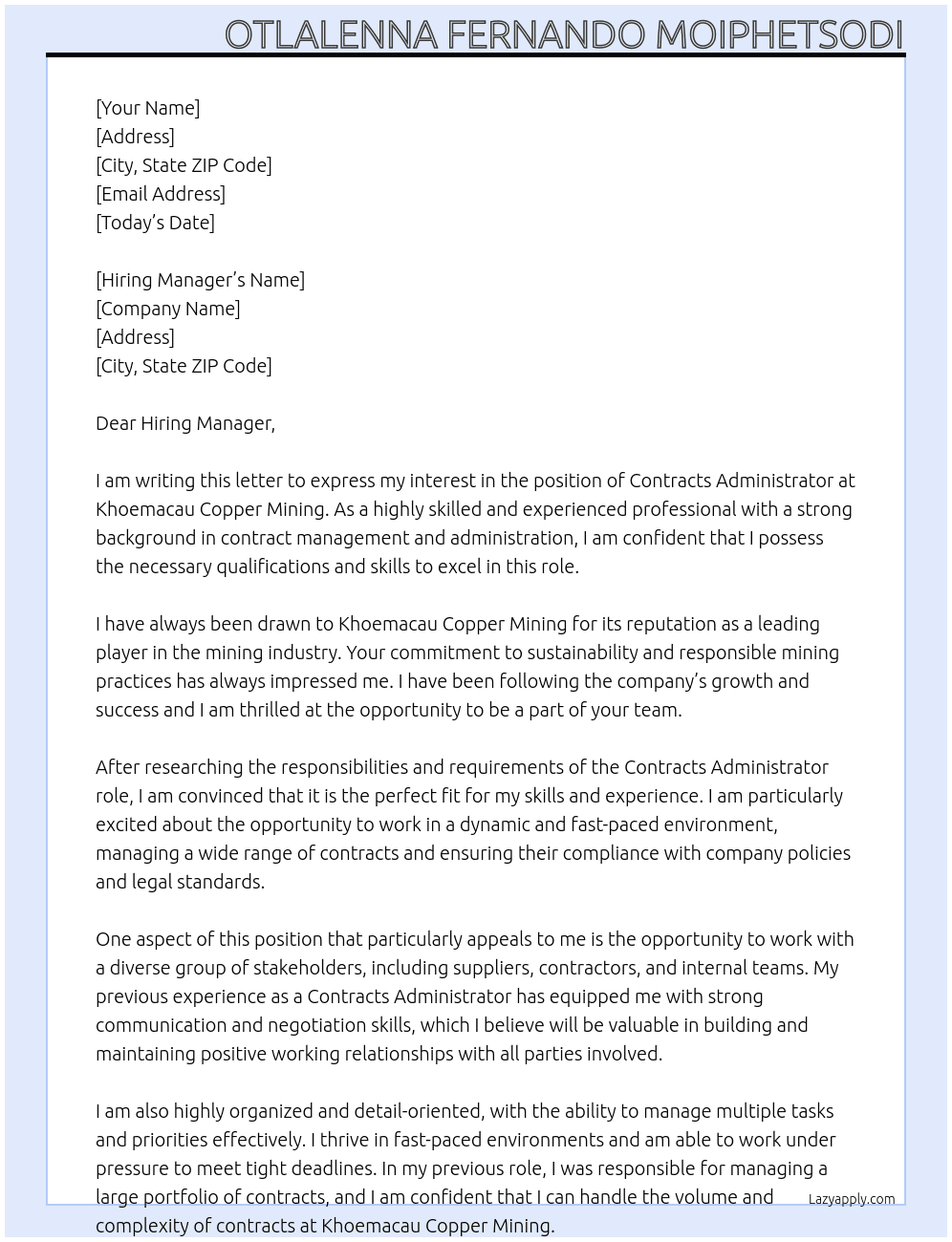 Contracts Administrator At Khoemacau Copper Mining Cover Letter