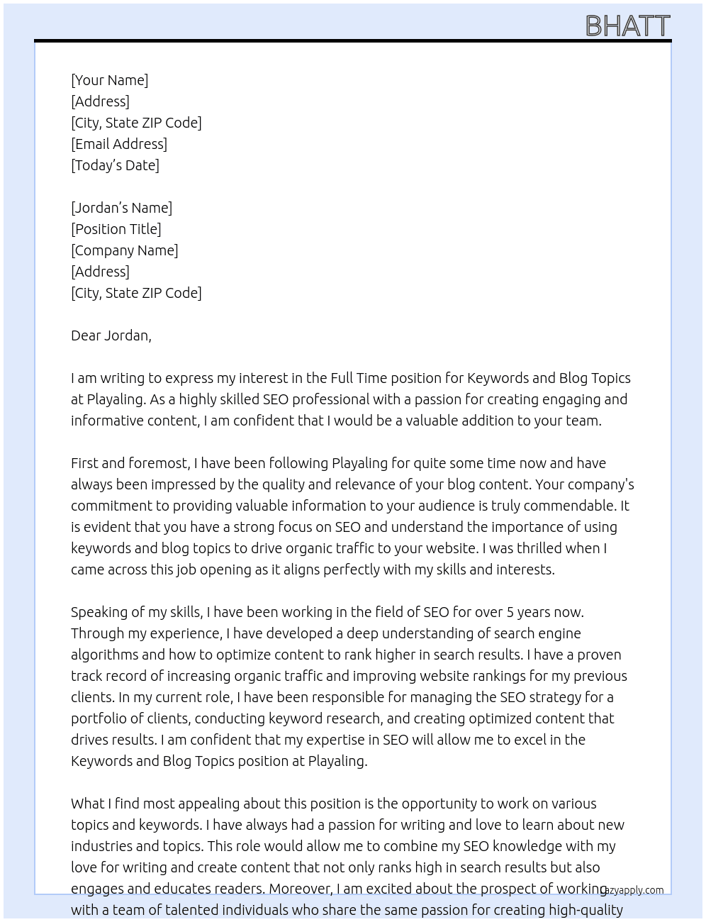Keywords and blog topics At Playaling Cover Letter