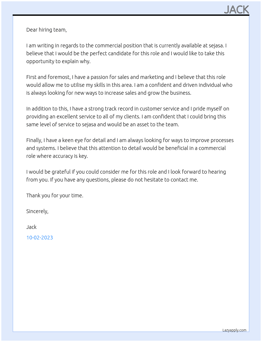 Commercial At sejasa Cover Letter