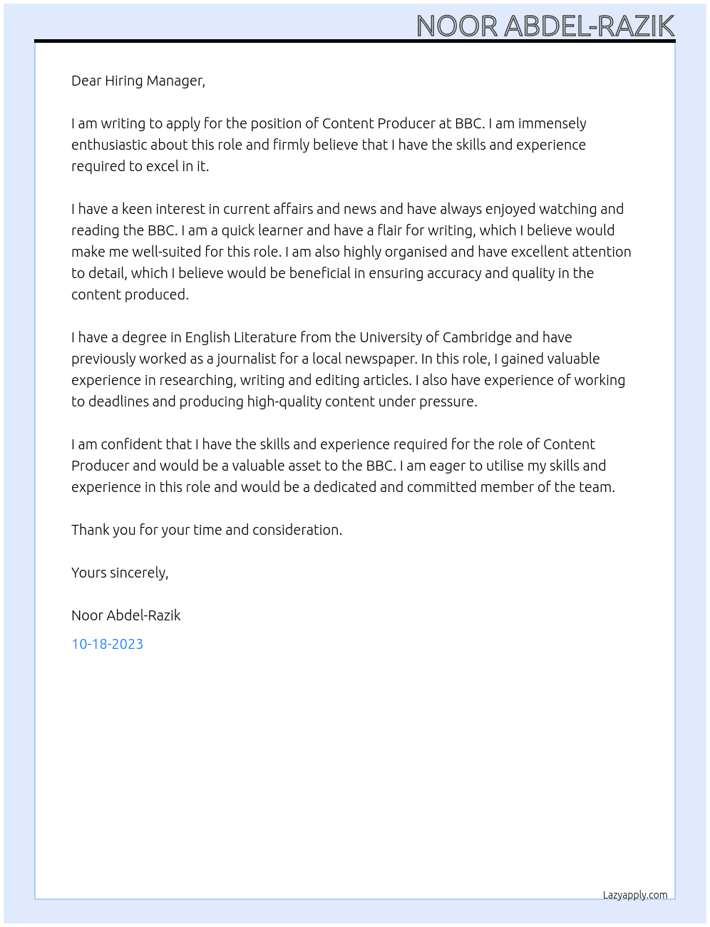 Content Producer At BBC Cover Letter