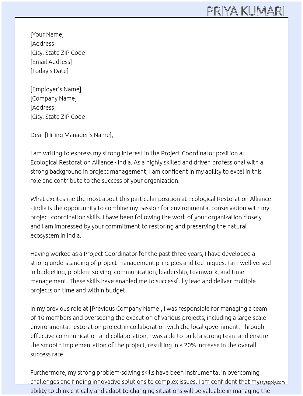 Project coordinator  At Ecological Restoration Alliance - India  Cover Letter