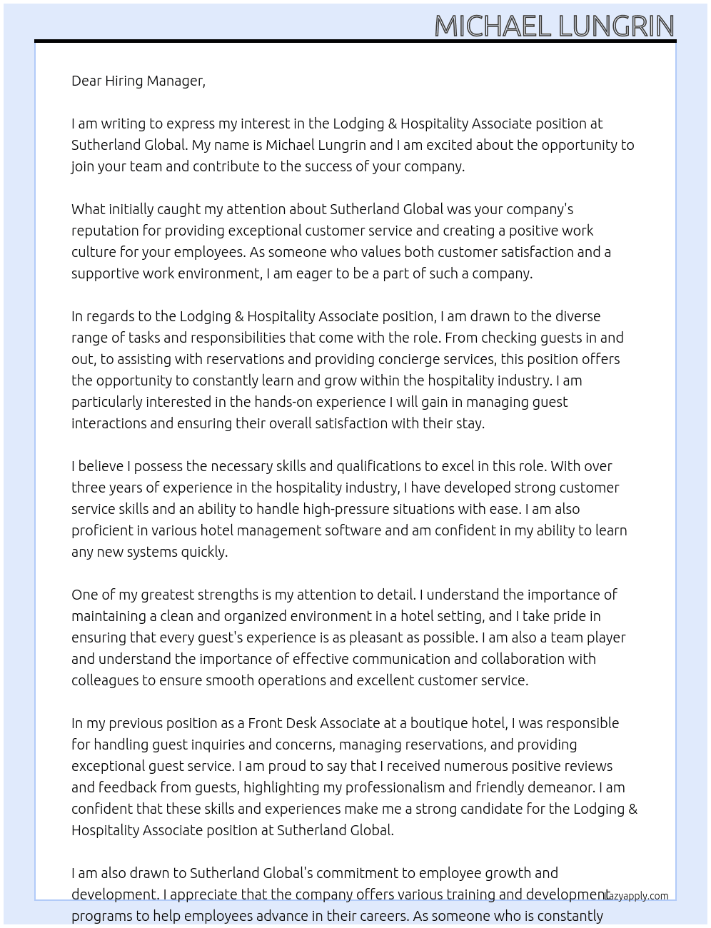 Lodging & Hospitality Associate At sutherland global Cover Letter