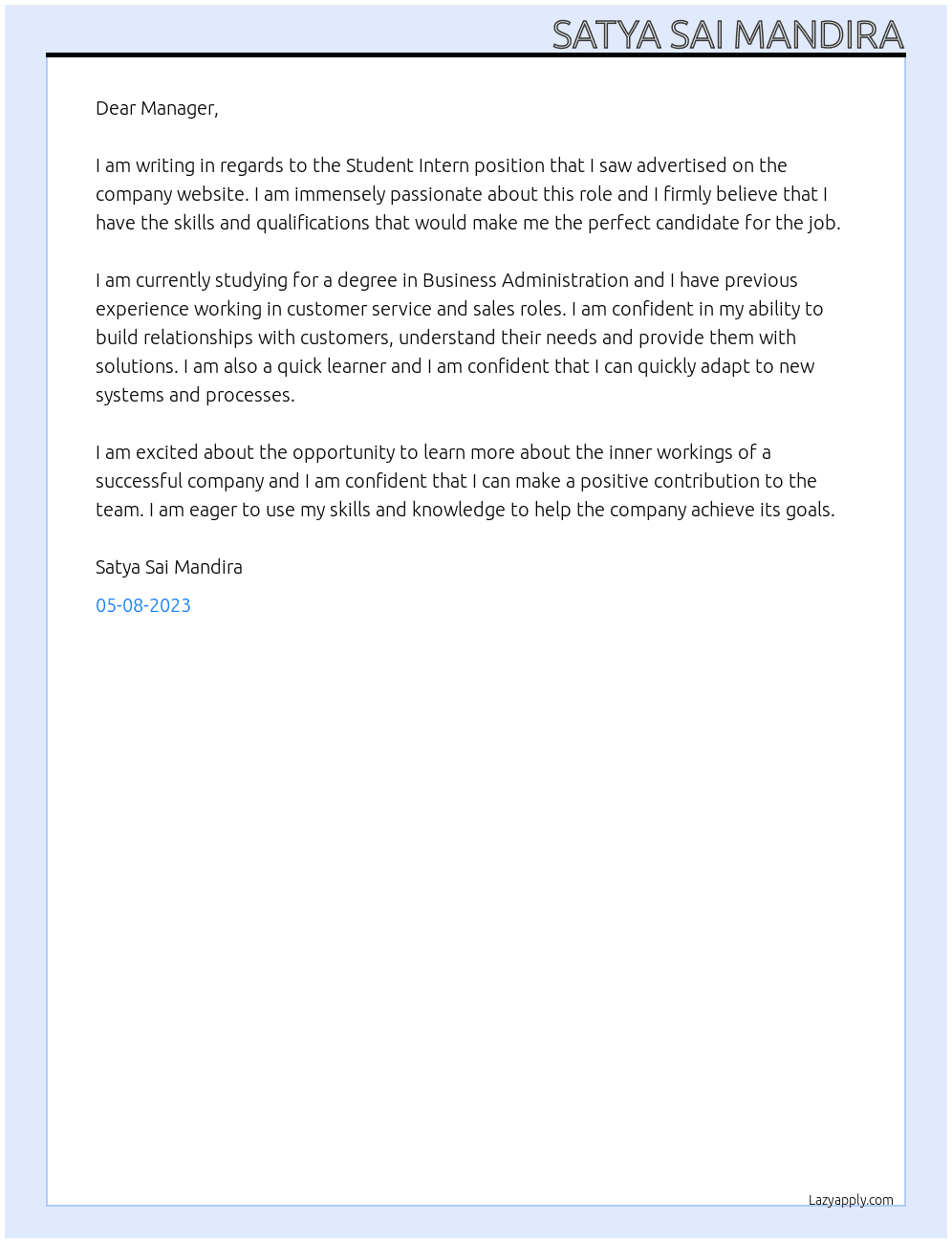 Student Intern At . Cover Letter