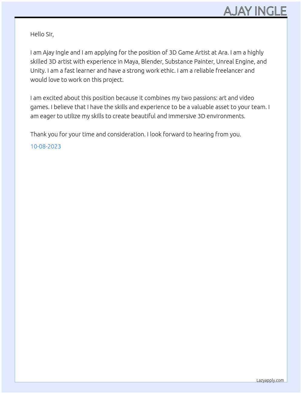 3D Game Artist  At Ara Cover Letter