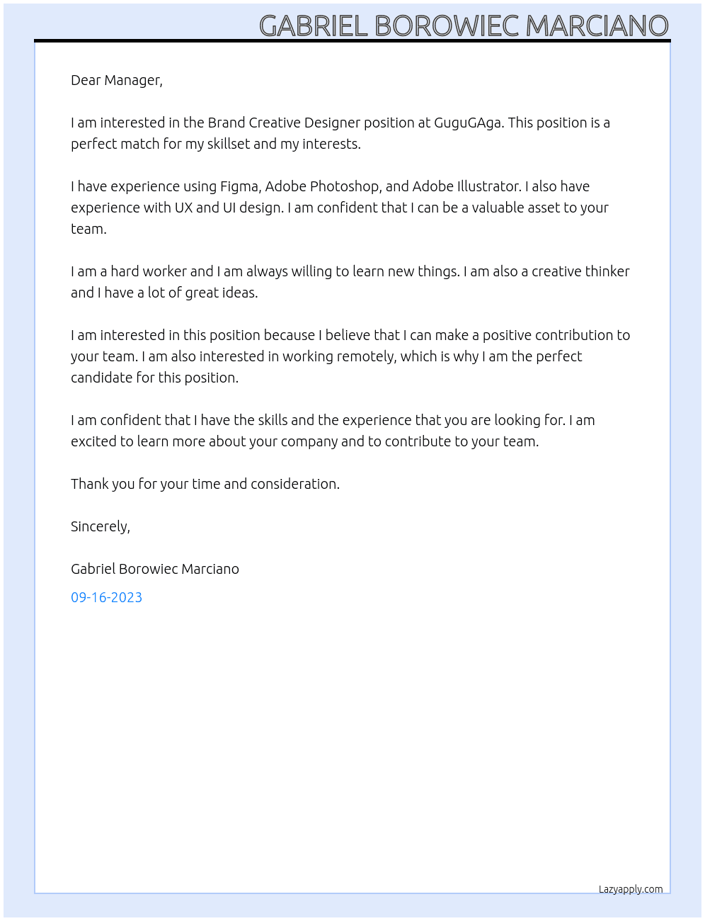 Brand Creative Designer At GuguGAga Cover Letter