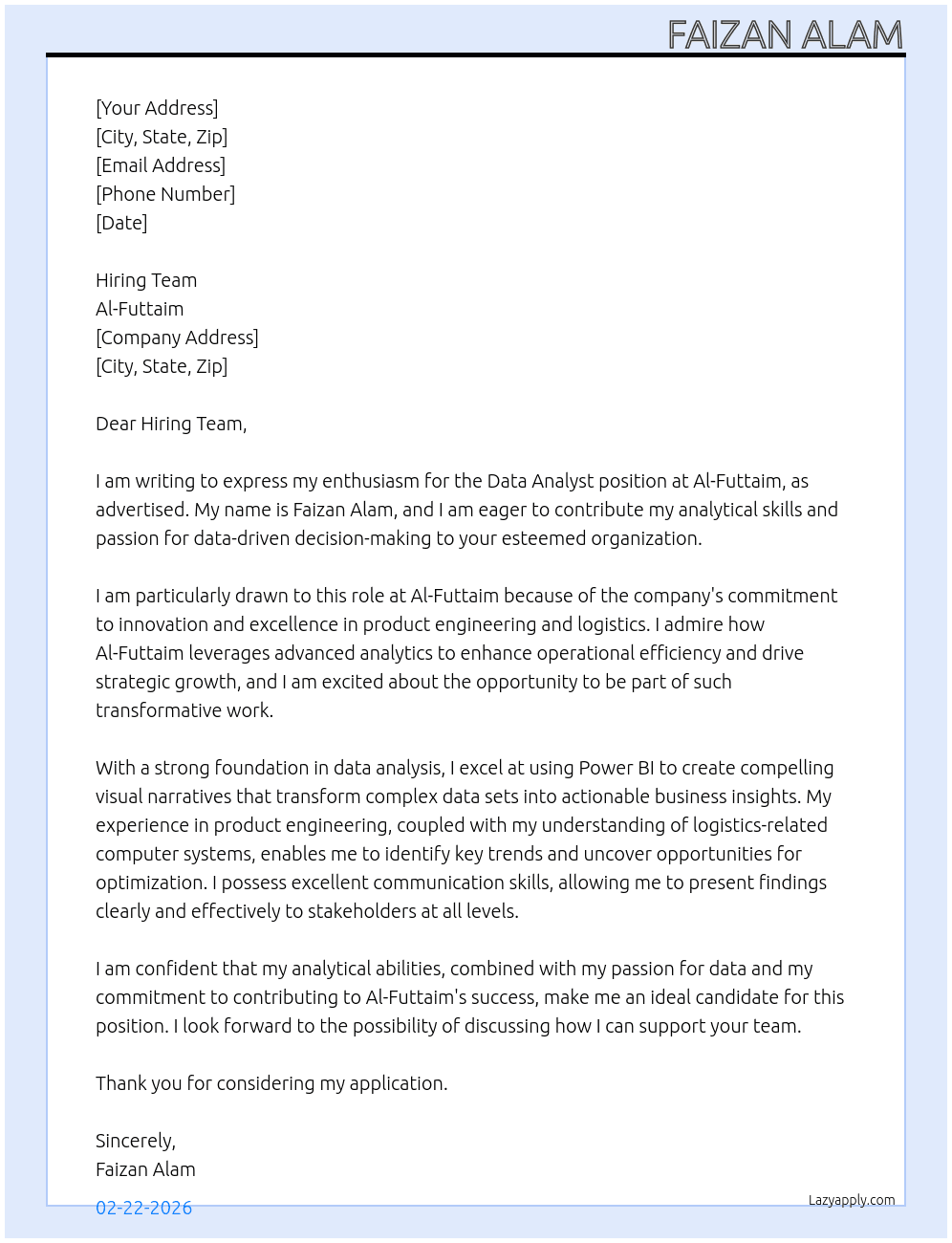 Data Analyst At Al-futtaim Cover Letter