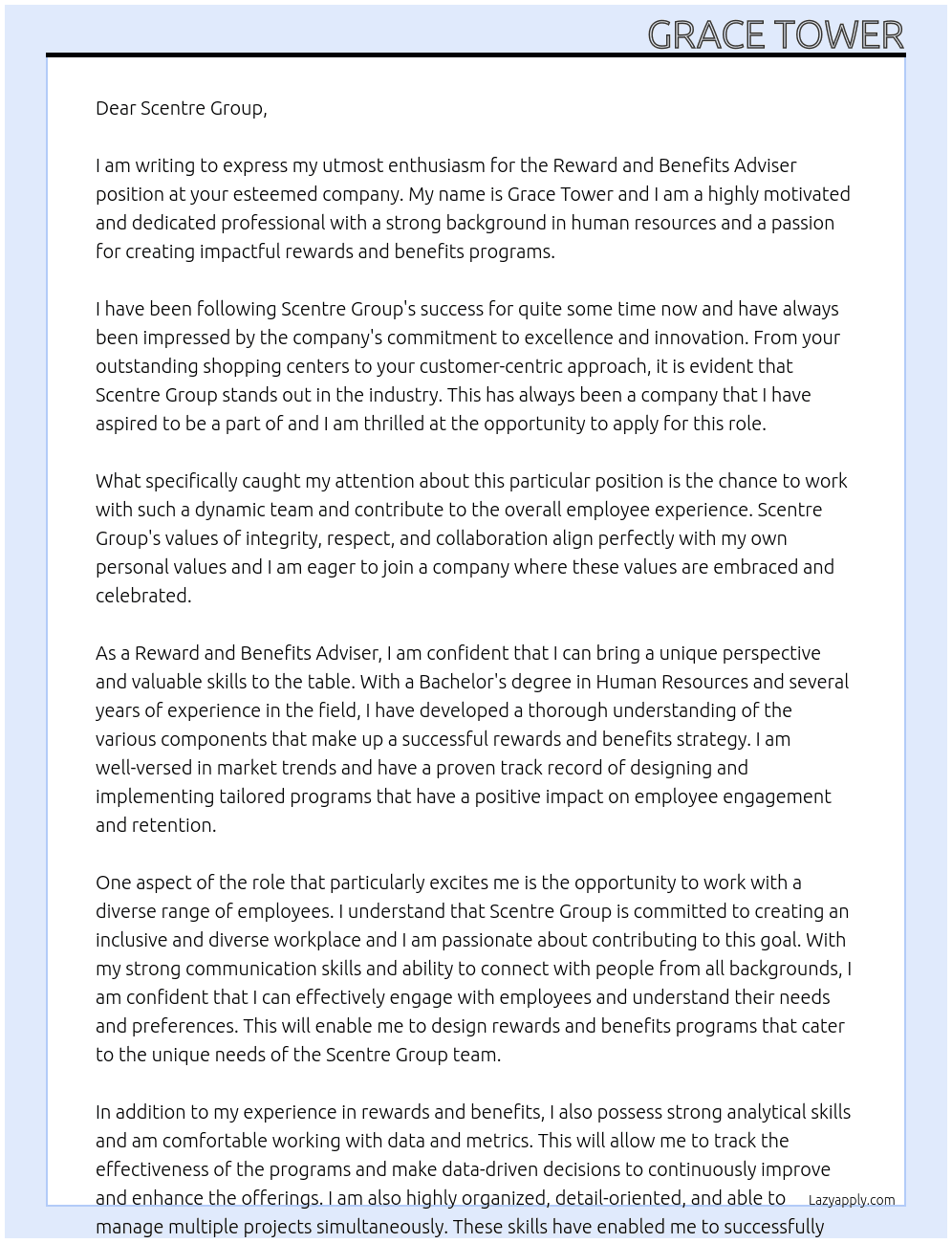 Reward and Benefits Adviser At Scentre Group Cover Letter