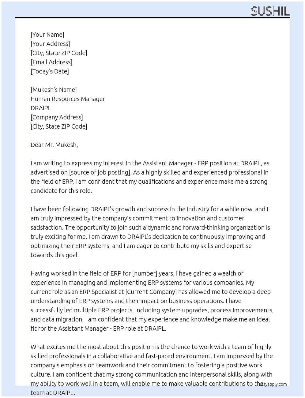 Assistant Manager - ERP At DRAIPL Cover Letter