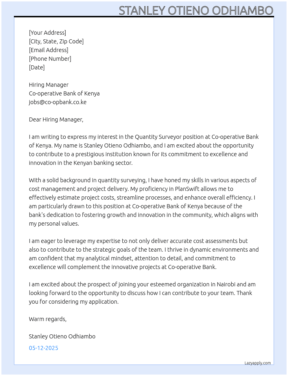 quantity surveyor At co-operative bank of kenya.co.ke Cover Letter