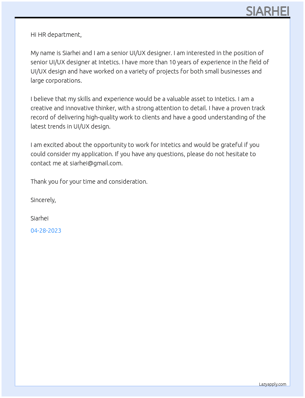 Senior UI/UX Designer At Intetics Cover Letter