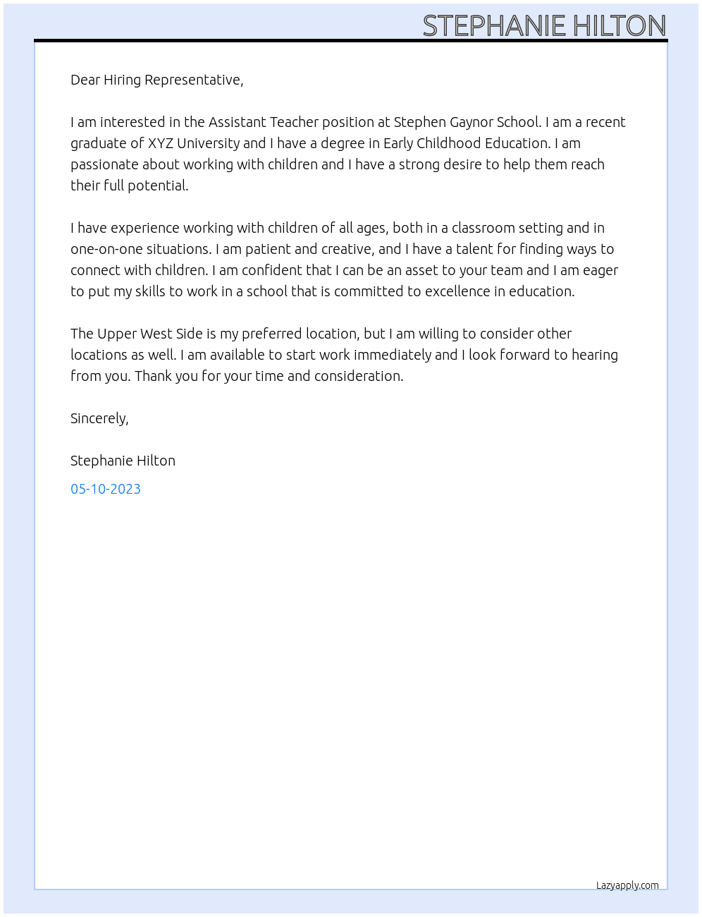Assistant Techer At Stephen Gaynor School Cover Letter